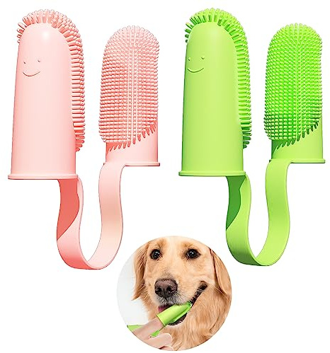 Pijaborg Finger Toothbrush 2 Pack - 135 Surround Bristles for Dog Teeth Cleaning, Pet Dental Care for Puppies, Cats and Small Dogs (Pink and Green)