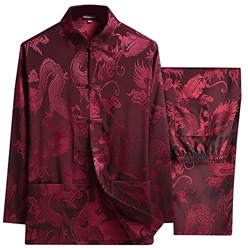 Chinese Martial Arts Uniform Tang Suit for Men Breathable Fabric Kung Fu Wing Chun Hanfu Traditional Suit (Dark Red, Medium)
