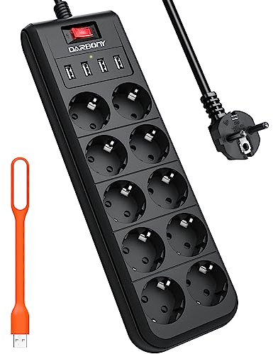 4 USB Steckdosenleiste 10-Fach Mehrfachsteckdose mit Schalter, Überspannungsschutz 4000W 16A Verteilersteckdose Wandmontage Steckdose Steckerleiste für Hause, Schule 2M Kabel Schwarz