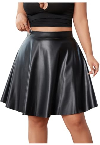 MakeMeChic Women's Plus Size Pleated Leather Mini Skirt High Waist A Line Skater PU Leather Short Skirt Black 3XL