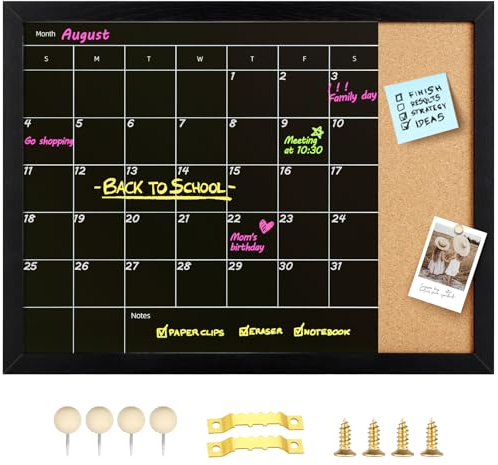 Aitakatta Chalkboard & Cork Board, Magnetic Surface Monthly Calendar Chalkboard & Bulletin Board, Combination Chalkboard Calendar for Wall, Decorative Black Wood Framed Memo Board(R-ZHYL-BK,4333)