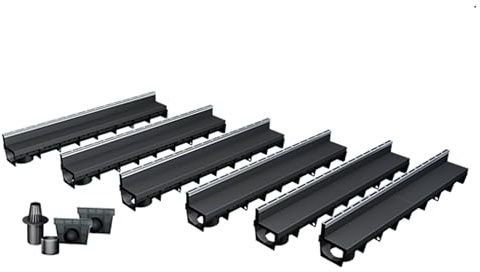 MEA Pack de 6 Caniveaux Extérieurs MEAPARK – Grille à Fente en PP Recyclé + Profil E-Blade S en INOX – Drainage Terrasse, Piscine, Jardin – Classe A15 Piéton – Largeur utile 10 cm