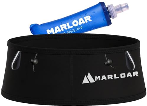 MARLOAR Ceinture Running + Flasque Running 250ml en Cadeau - Ceinture Hydratation Running - Ceinture de Course avec Porte dossard et Porte bâton Inclus pour Le Trail Running, Noir (Black, L)