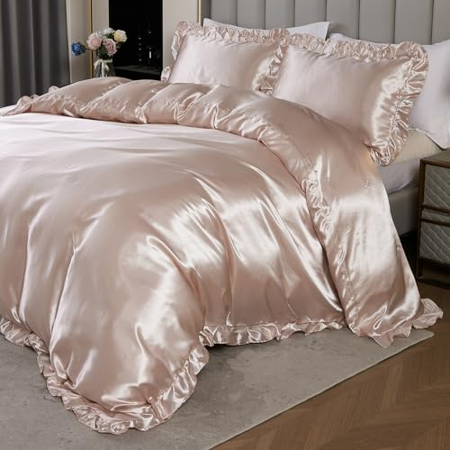 Herside Satin Ruffle Duvet Cover Set Double Champagne Pink Bedding Silk like Satin Ruffled Fringe Silky Farmhouse Bedding Sets 1 Boho Duvet Cover 2 Pillowcases (Champagne Pink, UK Double)
