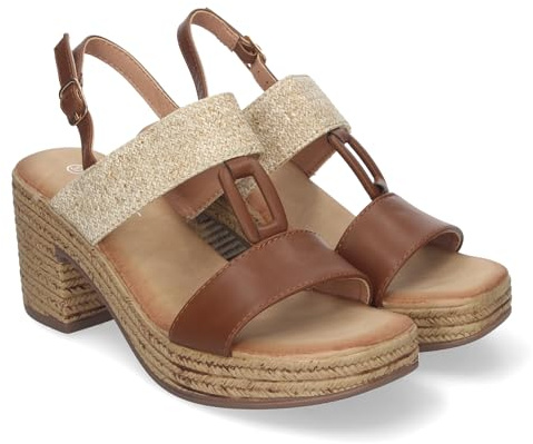 83179 Sandalia de Verano para Mujer, con Tacon Estilizado y Detalles Elegantes, Cierre Hebilla Ajustable, Confortables. Camel Talla 36
