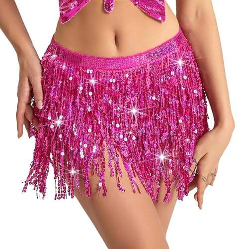 Baisdan Costume da Ballerina del Ventre con Paillettes Nappa Frangia Sciarpa Cintura Cintura Gonna Avvolgente, Rosso Rosato, Taglia Unica