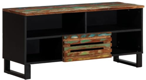 Sufrk Acacia Meuble TV 100 x 34 x 46 cm en bois massif, meuble TV mobile, meuble de télévision, meuble industriel table basse vintage console pour salon