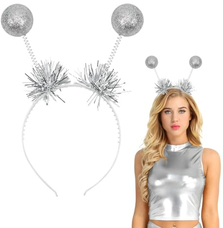 Alien-Stirnband für Damen, Alien-Haarreif in Glitzerkugel, silberfarben, Alien-Kostüm-Zubehör, Diskotheken-Zubehör für Karneval, Party, Alienkostüm, Cosplay