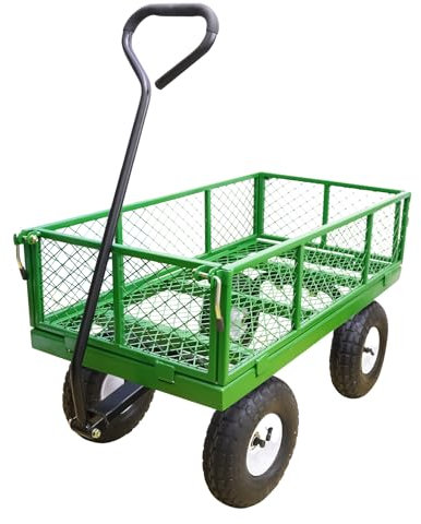 AAIN 180 kg Metall-Gartenwagen, robuster Gartenwagen mit abnehmbaren Stahlgitterseiten, Mehrzweck-Wagen mit 180° drehbarem Griff und 25,4 cm Rädern, perfekt für Gärten, Bauernhöfe und Höfe, Grün