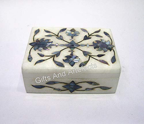 Gifts And Artefacts Joyero de mármol con incrustaciones de nácar de 4 x 3 pulgadas, caja blanca para almacenamiento de accesorios de oficina