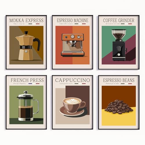 MJ-GRAPHICS® 6er Poster Set für Kaffee Barista Ecke - Bilder für die Küche mit Moka Express, Espresso Maschine, French Press - Vintage Poster Küche Café Wanddeko A3 - Ohne Rahmen