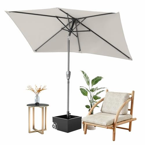 Fiqops Ombrellone 210 x 140 cm con manovella, parasole rettangolare UV50+, pieghevole, ombrellone da giardino, impermeabile, per giardino, terrazza, senza supporto, beige, beige., 210 x 140cm