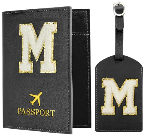 PATIKIL Reisepasshülle und Kofferanhänger Set, Reisepasshülle Passport Hülle für Reisen mit Alphabet Buchstaben Reisebrieftasche Koffer Identifikator für Frauen Schwarz M