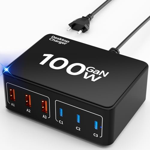 Cargador USB C, 100 W, 6 puertos USBC, estación de carga con 3 USB-C y 3 USB-A, cargador múltiple USB, cargador rápido, fuentes de alimentación para iPhone 16, 15, 14, 13 Pro Max, iPad, Samsung