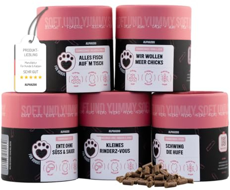alphazoo Probierset Leckerli Hund I Bundle - Hundesnacks: 5 Sorten Ente, Rind, Pferd, Huhn & Fisch, naturbelassene hochwertige Trainingssnacks, natürliche Inhalte und höchste Qualität