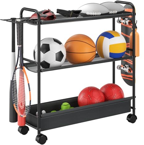 Basketball Rack 3-Shelf Training Stand, Garage Sports Equipment Organizer - Rolling Ball Storage Rack with Wheels, Ball Racks for Basketball, Soccer, Basketball Racks Ball Cart with Hooks.
