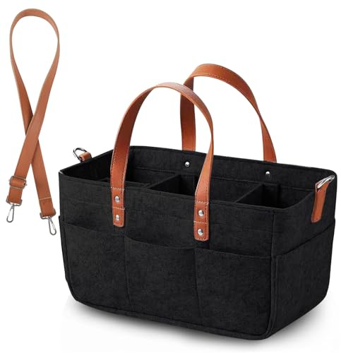 Anhow Bolsa de Fieltro, 30L Bolsa Compra Cesta de la Compra de Fieltro Plegable y Versátil con Compartimento y Bolsillo para Compras, Picnic, Leña, Juguetes - Negro/ 40x27x27 cm