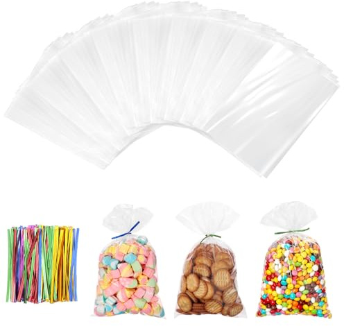 Cozary 200 Stück Cellophantüten mit Bunte Krawatten, 15 x 10 cm Klein Zellophantüten Geschenkfolie Transparent, Süßigkeiten Tüten Kekstüten OPP Geschenktüten Durchsichtig für Kindergeburtstage