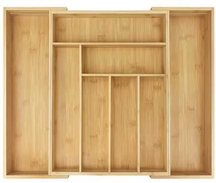 JAOSY Bamboo Cutlery Drawer Organiser 6-8 Compartments Expandable Cutlery Tray for Kitchen, Adjustable Cutlerys Divider, Utensil Organiser for Silverware, Flatware, Knives