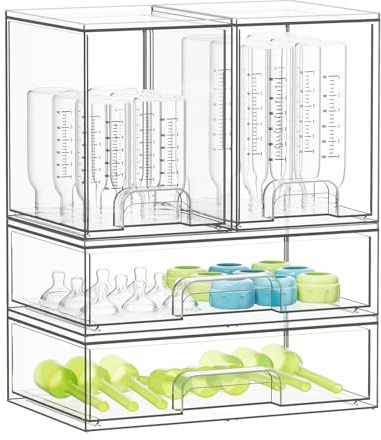 SpaceAid Bottle Storage Organizer Baby - Acrylic Bottles Station Organizer Container, Stackable Clear Drawers for Countertop, Vanity, Bathroom, Cabinet, Pantry Organization, 4 Pack, 2M2L, 14.4 H
