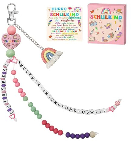 KLINNA Einschulung Geschenk Mädchen 2025, Rechenkette für Schulkind als ideale Schultüte Füllung zum Schulanfang, Süßer Glücksbringer mit Grußkarte und Geschenkbox (Rosa)
