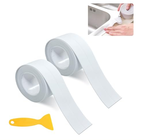 BAOWUABJ Bath Sealant Strip 2 Rolls Shower Seal Strip with Plastic Scraper | Waterproof, Oilproof and Mildewproof Shower Seal Strip for Kitchen, Bathroom, Toilet, Sink, Wall Corner, 3.2m x 38mm