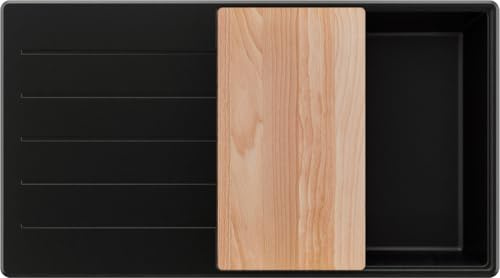 PRIMAGRAN Evier Cuisine en Granit au Meuble 60cm + Kit de Vidage, 90x50cm | Set: Kit de Vidage (Siphon, bonde d’évacuation, trop-plein) + Planche à Découper + Lavabo 1 Bac - Copenhague Top, Noir