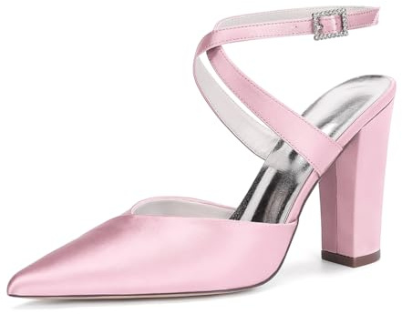 MlYJmer Spetsig tå högklackade pumps med spetsig tå satin bröllop fest brudskor, Färg: rosa, 43 EU