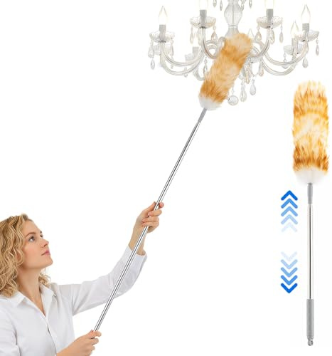 74-240cm Extendable Duster, Extra Long Handle Duster for Cleaning, Natural Wool Bendable Long Duster for High Ceilings,Lamps, Cabinets, Furniture (Stainless Steel Extension Rod & Non-Slip Handle)