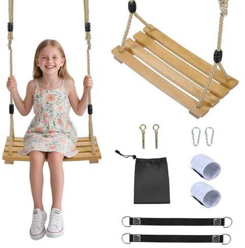 Kinder Holz Schaukel Set,Gartenschaukel mit Seilen,Karabinerhaken und Montagezubehör,Outdoor & Indoor Spielzeug Schaukel für Kinder, robuste Holzschaukel für Garten, Balkon, Spielplatz