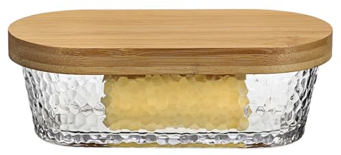 SUMNACON Mantequera con tapa de bambú, mantequera de cristal, bandeja para mantequilla con hebilla, apta para microondas y lavavajillas, campana de mantequilla sellada