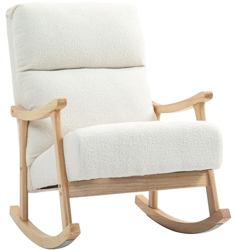 HOMCOM Fauteuil à Bascule en Velours Teddy avec Assise rembourrée, Dossier Ergonomique, accoudoirs, Rocking Chair Pieds en Bois d'hévéa pour Salon ou Chambre, crème