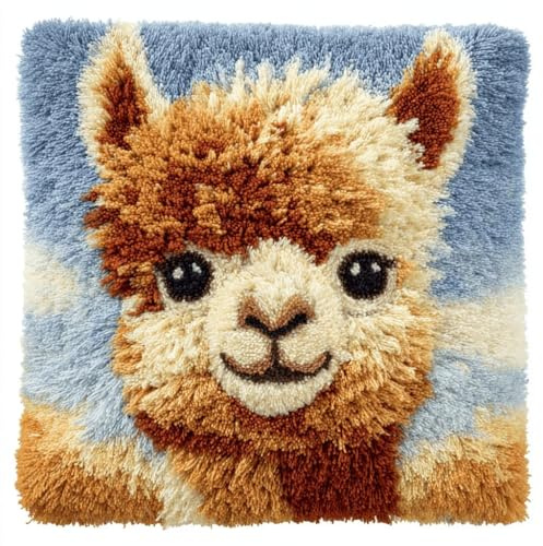 Knüpfkissen Set Zum Selber Knüpfen Für Erwachsene Und Anfänger,Diy Kissenbezug Mit Knüpfhaken-Set Latch Hook Cushion Kit,Kreatives Basteln Ideal Für Home Decor Alpaka 43X43Cm