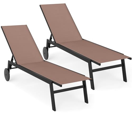 COSTWAY 2er Set Sonnenliege mit Rollen, Gartenliege mit Verstellbarer Rückenlehne und schnelltrocknendem Stoff, Rollliege bis 150kg belastbar, Liegestuhl für Garten, Balkon, Terrasse (Braun)