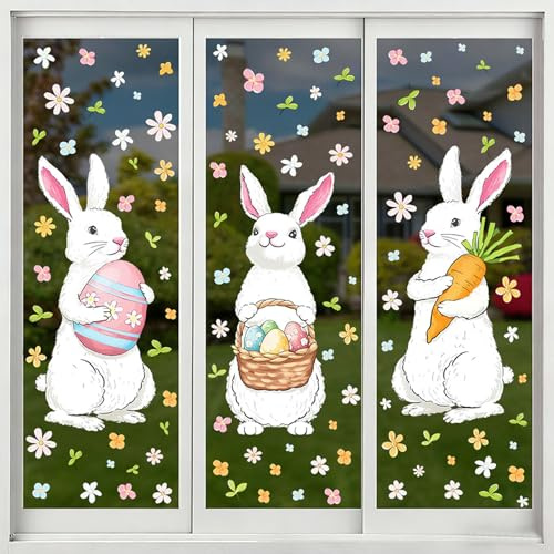 Gleemix Fensterbilder Ostern Selbstklebend, 6 Blatt Fenstersticker Ostern, Statisch Haftende Osterfensterbilder, Osterdeko Fenster mit Ostereier, Osterhase, Oster Fensterbilder Wiederverwendbar