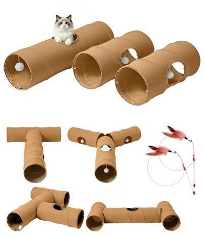 Odoland Katzentunnel in Leinen DIY Spieltunnel mit Ball Katzenspielzeug Faltbar Cat Play Tunnel Kaninchentunnel für Katzen Kleintiere - 90cm, braun