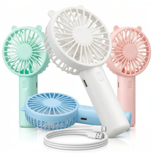 Weewooday 4 Mini Ventilateur Portable à Main avec Oreilles d'Ours et 3 Vitesses Ventilateur Petit Portable Rechargeable par USB pour Voyages Maquillage(Blanc, Rose, Bleu et Vert)