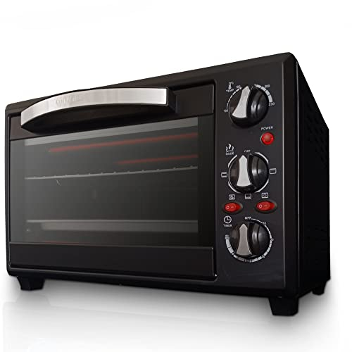 Grunkel - Horno eléctrico multifunción de sobremesa de 28L - HR-28NRM - Con 3 funciones de calor, selector de temperatura hasta 230ºC y temporizador de 60 min. Accesorios incluidos - 1600W – Negro