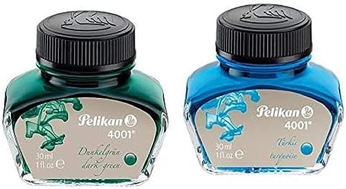 Pelikan Tinte 4001, 30ml, dunkelgrün & Tinte 4001, 30ml, türkis, für Füllhalter, Kolbenmechanik und Converter geeignet, Made in Germany