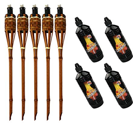 Moritz 5X Bambusfackeln Fackel Deluxe 60 cm Dunkelbraun + 4X 1000ml Lampenöl Gartenfackel Ölfackeln Garten Deko Öllampe Wegleuchte