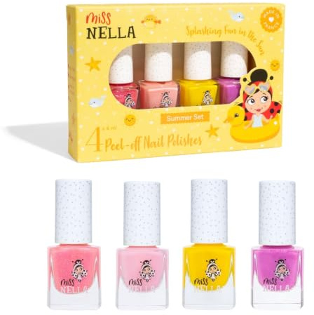 Miss Nella Summer Glitzer Nagellack 4er Set: Gelb, Koralle, Rosa und Lila, abziehbarer Nagellack speziell für Kinder, Peel-Off-Formel, ungiftig, wasserbasiert und geruchsneutral (Summer)