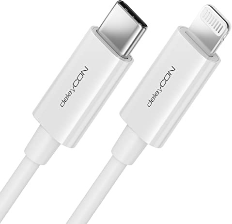 deleyCON 0,5m USB-C a Lightning 8 Pin Cable de Carga Cable de Datos Cable de Carga Ultrarrápida Certificado MFi para Apple iPhone 14 13 12 11 Pro Max Mini Power Delivery - Blanco