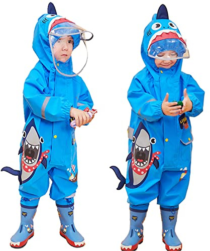 JinBei Imperméable Garçon Fille à Capuche Combinaison de Pluie Enfant Manteau Veste Pantalon Dessin 3D Animé Mignon Cape Unisexe Léger Rayure Réfléchissante Randonnée Outdoor Imperméables 1-8 Ans