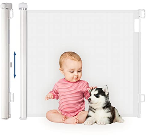 HollyHOME Treppenschutzgitter Ausziehbar 0-180cm, Extra Breit Babygitter, Einhandbedienung, Türschutzgitter für Babys und Haustiere, Kinderschutzgitter, Maschengitter für Treppen, Türen, Flure, Weiß