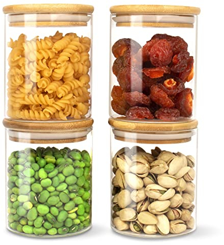 HUALIANG Vorratsdosen Glas 4er Set,500ml Glasbehälter mit Deckel aus Bambus,Vorratsgläser mit Etiketten,Luftdicht Lebensmittelbehälter aus Borosilikatglas,Aufbewahrungsgläser Küche für Gewürze,Kaffee