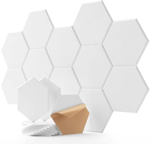 Hexagon Akustikpaneele Selbstklebend 12 Stück Akustikschaumstoff Schalldämmung, Hohe Dichte Schallschutz Wand für Wanddekoration und Akustische Behandlung Schallschutzplatten Weiß 30×26×0.9cm