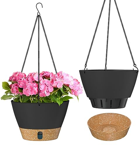 ZMTECH Hängetopf für Pflanzen, 20cm Blumentopf Ampel Hängend, Kunststoff Hänge Blumentopf mit Untersetzer für Außen Draußen Deko für Garten Balkon Wohnzimmer(2er-Set, Dunkelgrau)