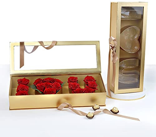 UNIKPACKAGING “I Love You” Flower Gift Letter Shaped Fillable Box, with Plastic Liner, Size 22″ x 8″ x 4″ inch, for Luxury Style Flower and Gift Arrangements (Gold)
