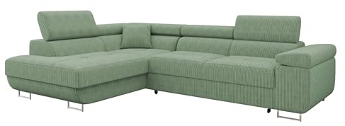 Mirjan24 Ecksofa Torezio Cord, Kopfstützen verstellbar (Poso 47, L) | Komfortable Eckcouch mit Schlaffunktion, Bettkasten, weichem Cordbezug und offener Ottomane
