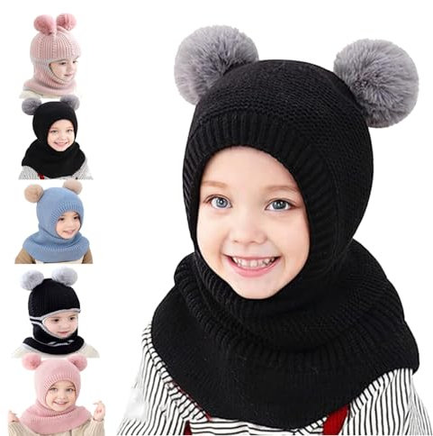 Siribelle Kinder Wintermütze Schals Ohrenklappe 3 in 1 Winter Strickmützen Mützen Jungen Mädchen Kleinkinder Beanie Warme Fleece-Mütze für Alter 1~5 Schwarz1